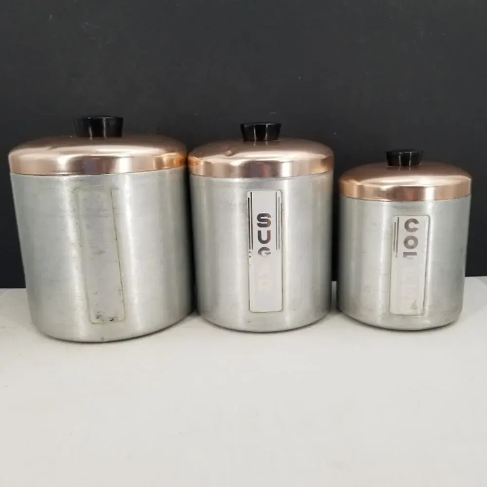 Vintage Maid of Honor silver metal copper top Canister Set Flour Sugar Coffee